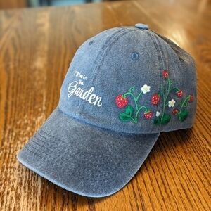 Adult Blue Wash Strawberry Garden Hand Embroidered Cap